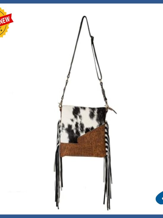 Western Leather Crossbody Bag with Tassel, Upcycled Canvas Satchel - Picture 5 of 7